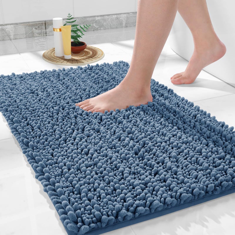 Yimobra Bathroom Rugs Non Slip Washable - Ultra Soft Absorbent Chenille Bath Mat, Quick Dry Shaggy Floor Carpet for Tub Shower, Denim Blue Home Decor Accessories, 24x17 Inch - Image 1